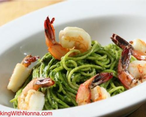 Spaghetti with Spinach Walnut Pesto, Pancetta and Shrimp